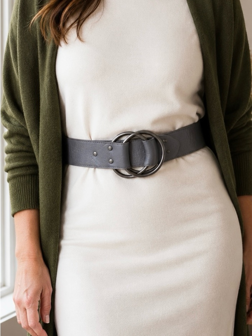 Vintage Eileen Fisher Gray Soft Leather Wide Double Ring Belt – 38”